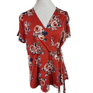 Faith and Joy Faux Wrap Shirt Top Flowy Stretch Womens Size 2X Short Slit Sleeve